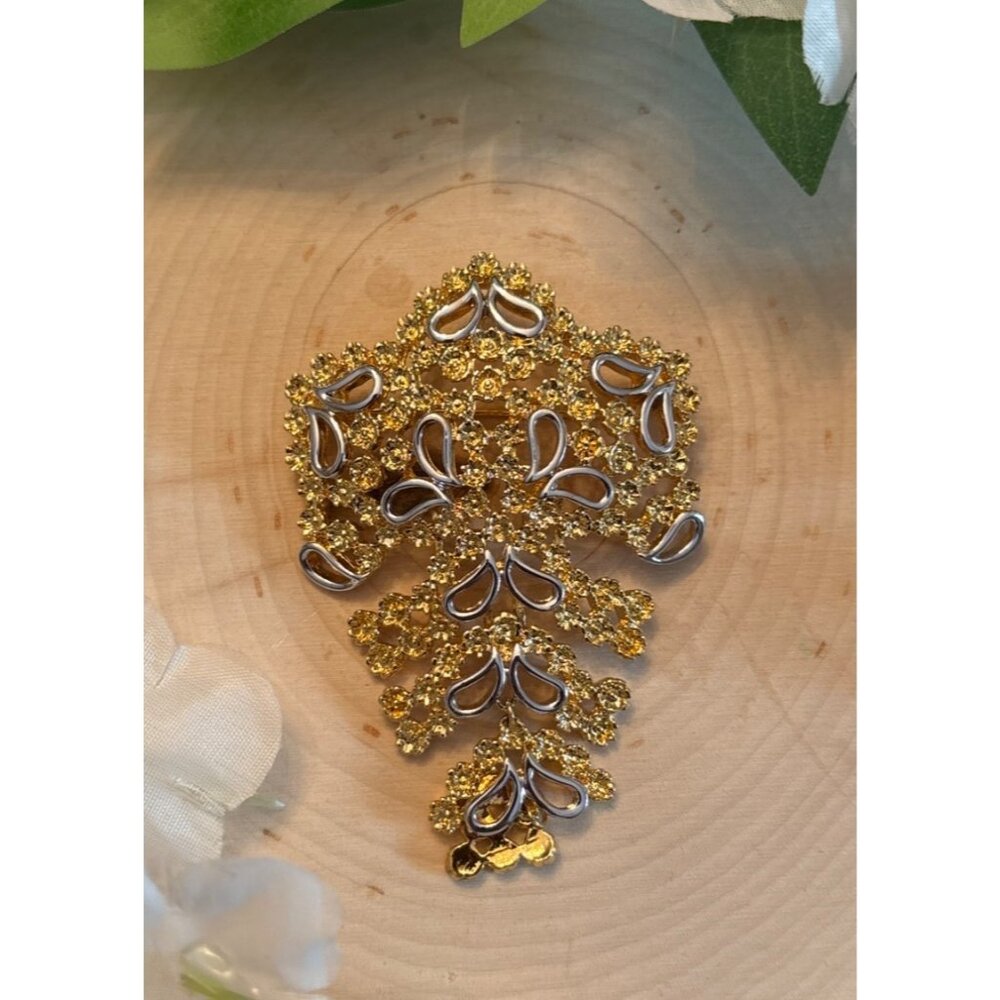 Vintage Gold & Silver-Tone Floral Brooch Pin With Intricate Design & Leaf Accent